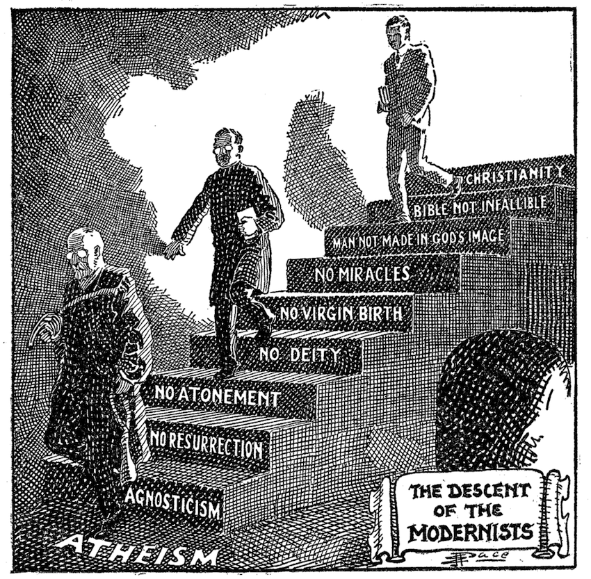 A Fundamentalist cartoon portraying Modernism as the descent from Christianity to atheism, first published in 1922 and then used in Seven Questions in Dispute by William Jennings Bryan