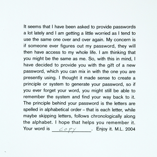 Micah Lexier, Password (In Chronological Alphabetical Order), 2004