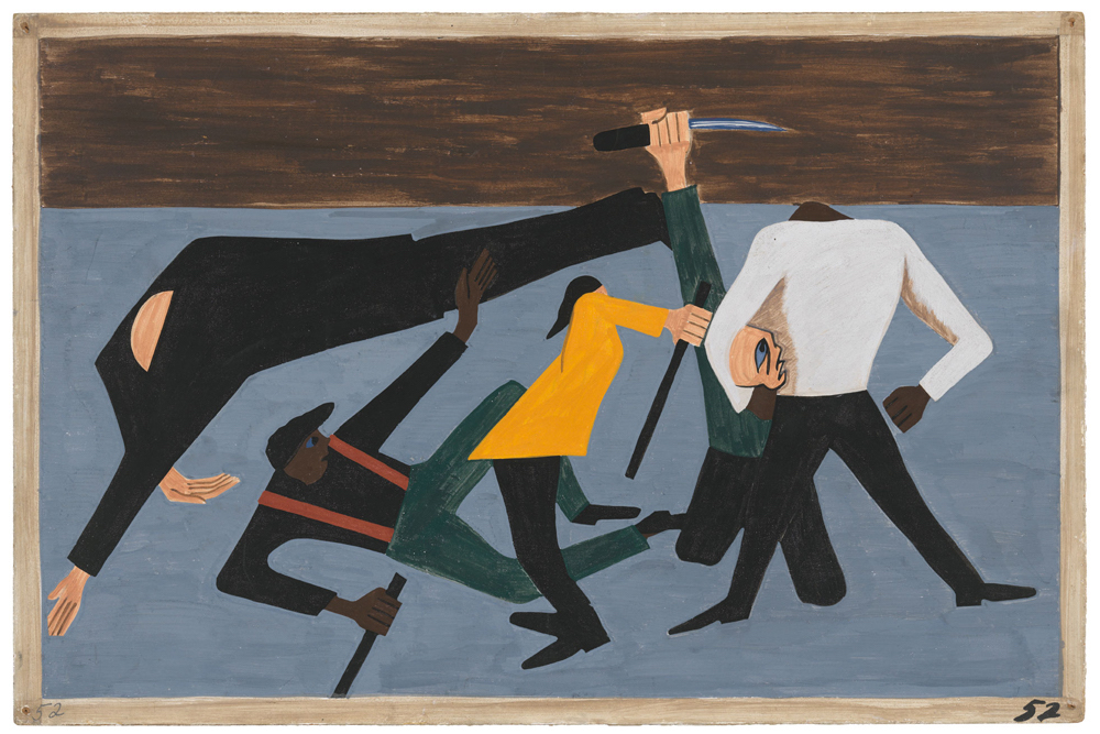Jacob Lawrence, “The Migration Series” (1940-41), panel 52- “One of the largest race riots occurred in East St. Louis” (1941)